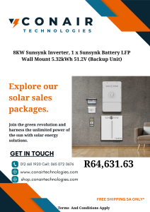 8KW Sunsynk Inverter, 1 x Sunsynk Battery LFP Wall Mount 5.32kWh 51.2V (Backup Unit)